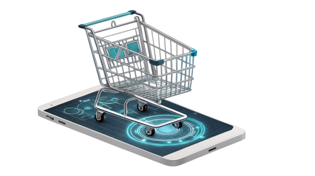 Online shopping concept featuring a miniature metal cart resting on a futuristic smartphone screen isolated on transparent background