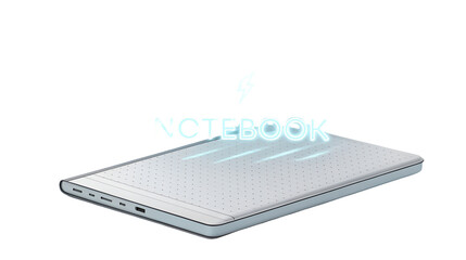 Sleek closed laptop featuring glowing neon blue light and lightning bolt symbol, representing fast charging technology isolated on transparent background.
