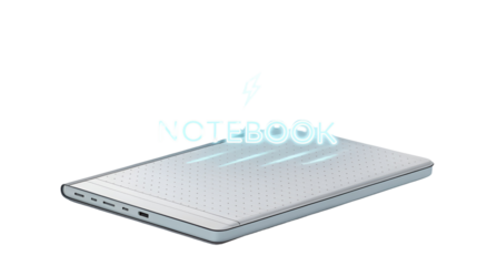 Sleek closed laptop featuring glowing neon blue light and lightning bolt symbol, representing fast charging technology isolated on transparent background.