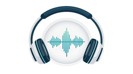 Over-ear headphones icon featuring a vibrant teal sound wave equalizer graphic in the center isolated on transparent background