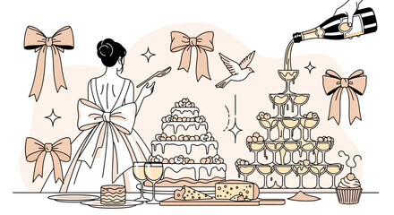 Elegant Celebration Champagne Tower, Cake, and Bows - A Festive Illustration for Special Events © Junior