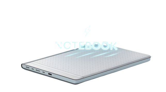 Sleek closed laptop featuring glowing neon blue light and lightning bolt symbol, representing fast charging technology isolated on transparent background.