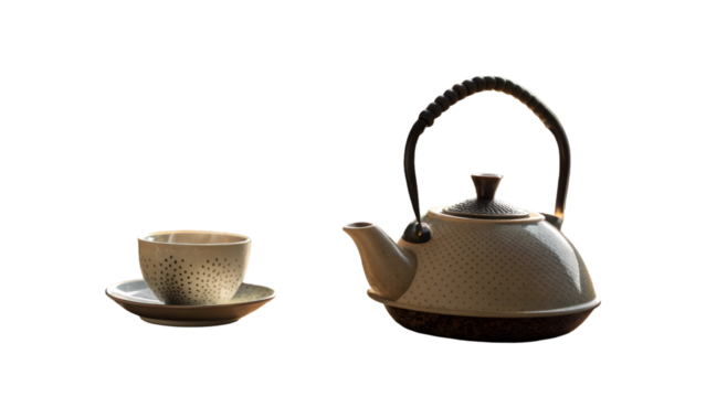 Elegant tea ceremony featuring a ceramic teapot and matching cup, perfect for a serene moment of reflection or a calming wellness retreat experience