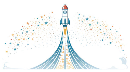 Space rocket launching upwards with a dynamic trail of sparkling stars and blue smoke isolated on transparent background