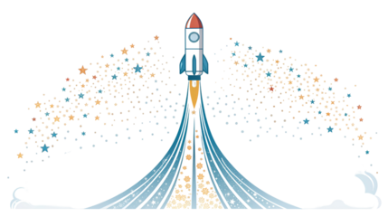 Space rocket launching upwards with a dynamic trail of sparkling stars and blue smoke isolated on transparent background