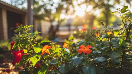 flowers. A vibrant garden blooms under golden sunlight, flowers and foliage glowing with natural radiance. gardening catalogs, home-decor guides, designed for home decor and floral branding.