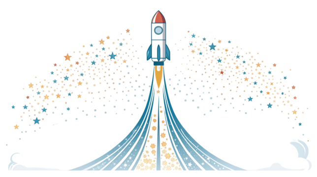 Space rocket launching upwards with a dynamic trail of sparkling stars and blue smoke isolated on transparent background