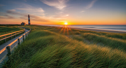 Scenic view of a red and white lighthouse with a wooden boardwalk through beach grass, symbolizing guidance, safety, and coastal exploration