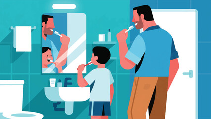Illustration Of A Father And Son Brushing Their Teeth Vector Design Template