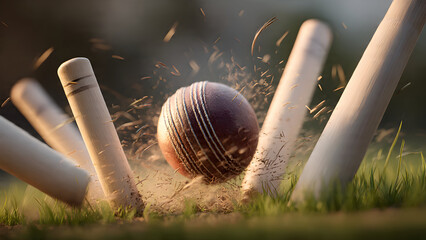 Cricket stumps tilting at dramatic angle after glancing blow, one bail already fallen on pitch, second bail suspended in air, ball visible continuing past stumps, motion trails evident