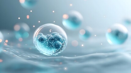 ro view of transparent spheres containing smaller blue elements floating in a wavy liquid illuminated by soft bokeh lights suggesting scientific or biological processes