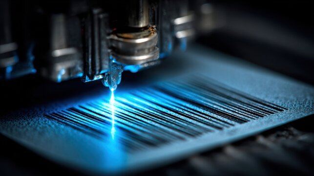 High-Tech Laser Engraving Machine Creating Barcode on Metal Surface with Precision and Blue Light