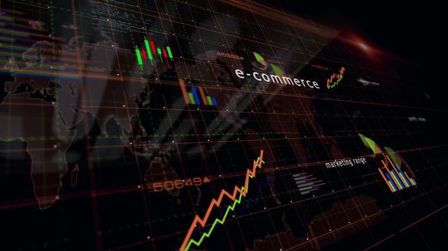 Ecommerce shopping online business charts and graphs diagram seamless and loopable 3d concept on screen