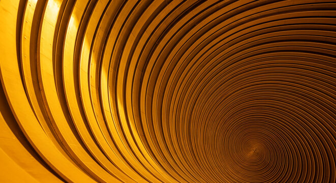 Abstract image of golden concentric curve, forming spiral structure, representing depth, movement, pattern, and technological advancement concept