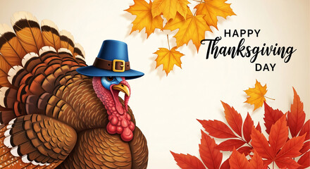 Cartoon image of turkey with hat and autumn leaves, representing Thanksgiving Day celebration, traditions, fall, festive spirit, and seasonal themes