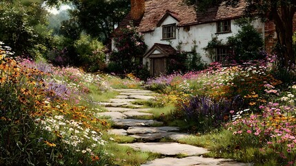 Idyllic scene of a rambling English cottage garden in full bloom with a riot of colorful wildflowers and a quaint stone path winding through it all.