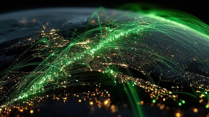 Global Connectivity: A mesmerizing view showcases the world illuminated by glowing green lines of communication, symbolizing the digital network of information, data flow, and global connectivity. 
