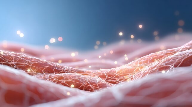 Detailed microscopic illust n showing the intricate structure of biological connective tissue like collagen with its fibrous network and suspended luminous particles