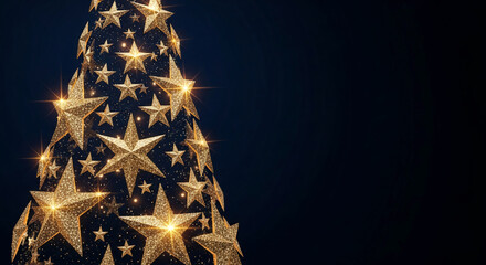 Christmas tree shape composed of golden, glittery stars against a dark background, representing festive celebration and holiday season cheer with free space