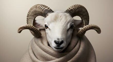 Portrait of Elegant Ram with Curly Horns and Wool Wrap