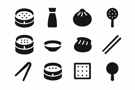 Icon set of asian food items: dim sum, dumplings, chopsticks, steamer, rice bowl, soy sauce bottle