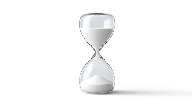 A clear glass hourglass with flowing white sand symbolizes the passage of time  Sand transfers from the upper bulb to the lower representing finite du n and the present moment on a white background