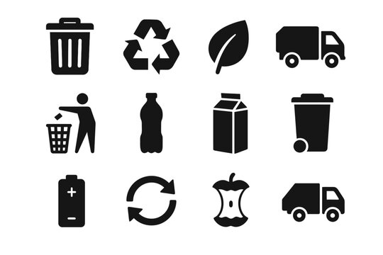 Recycling and waste management icons: bin, truck, recycle symbol, leaf, and battery