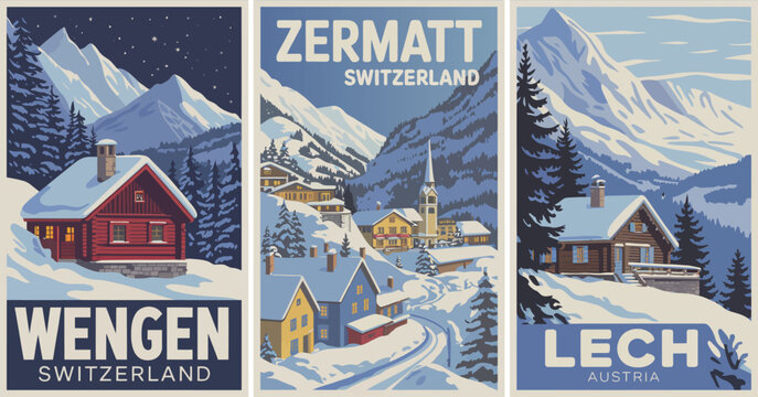 Winter sports travel posters showcasing zermatt, wengen switzerland, and lech austria, vintage colorful vector illustrations designed for holiday decor and ski lifestyle wall art.