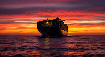Large container ship on the ocean at sunset with a dramatic red and orange sky. Global shipping and maritime transportation concept.