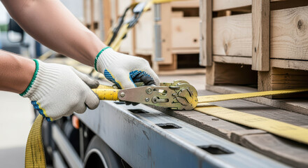 Man securing wooden crates on truck cargo with ratchet tie down strap. Cargo transportation and logistics industry concept for delivery.