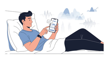 Illustration of a relaxed man in bed using a sleep tracking app on his smartphone before sleep