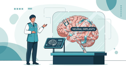 Illustration of a neuroscientist presenting a brain model with neural implants on a display table