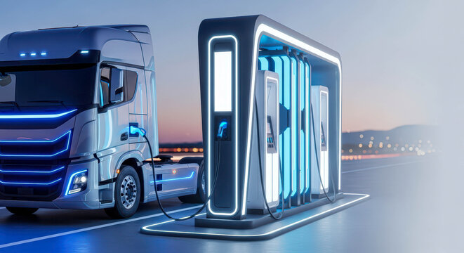 Electric truck charging at a modern charging station. Future transportation concept with sustainable energy solution for trucking industry.