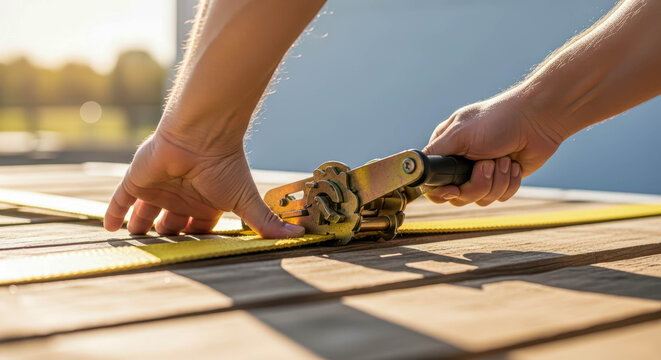 Man using a yellow ratchet strap to secure cargo. Transportation safety and professional heavy duty freight loading equipment. Strong webbing tie down.