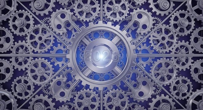 Intricate mechanical clockwork gears and mechanisms in a complex abstract and futuristic steampunk design with a central glowing element - Powered by Adobe