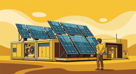 Illustration of a sustainable energy solar panel installation with a person observing it in a