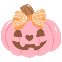 hand drawn halloween cute pink pumpkin with bow on white background,