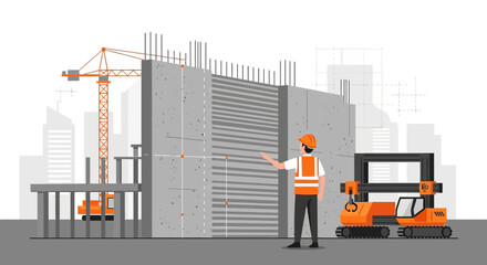 Illustration of building construction with worker, crane and robotic construction arm