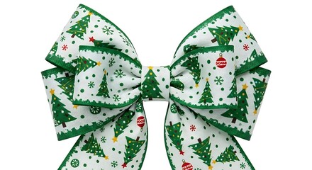 A charming holiday bow, featuring vibrant green Christmas trees and delicate snowflakes on a crisp white background, is ideal for festive decorations.