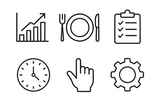 Collection of business, dining, and management icons in black and white outline