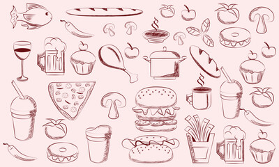 Hand drawn chalk food illustrations. Mediterranean dinner. Wine, champagne tower, charcuterie drawings for wedding invitations, menus, parties. Vector illustration La dolce vita italian sketch style
