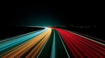 An expansive highway glows with striking blue and red light trails, showcasing the speed of passing vehicles under a starry sky