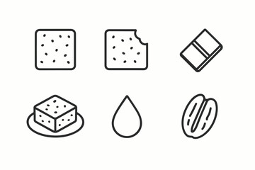 Minimalist black and white icons of crackers, chocolate, cube, water drop, nut