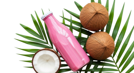 Pink coconut milk bottle with fresh coconuts and palm leaf isolated on transparent background