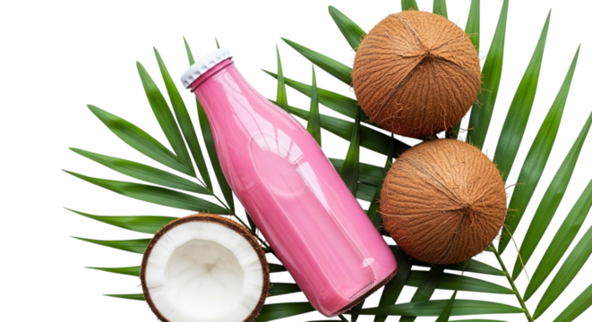 Pink coconut milk bottle with fresh coconuts and palm leaf isolated on transparent background - Powered by Adobe