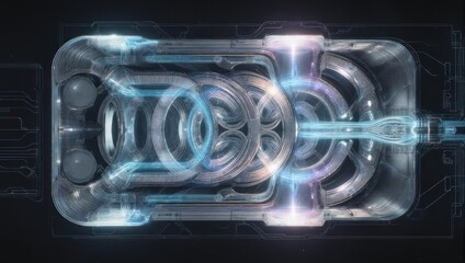 Abstract futuristic design with glowing blue energy flow inside a transparent structure.