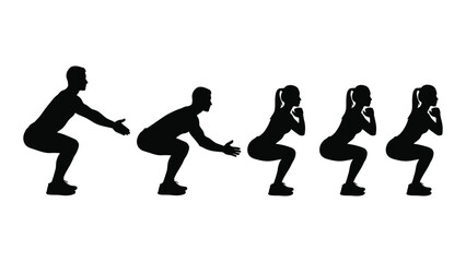 Squat exercise silhouettes isolated on white background, Vector