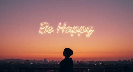 Silhouette Contemplating Neon Message at Dusk, Urban Serenity