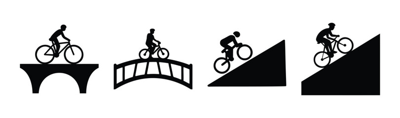 Cyclist riding on bridge, uphill, downhill, varied paths set