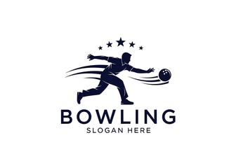 Dynamic bowling logo design featuring player in action with ball and star accents for sports branding or team identity, conveys energy and skill